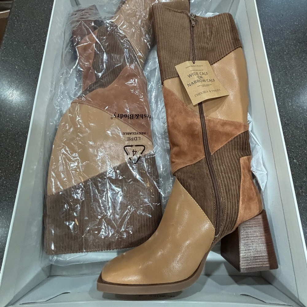 Chelsea & Violet
Lulu Patchwork Leather and Corduroy Tall Boots. Standard Calf